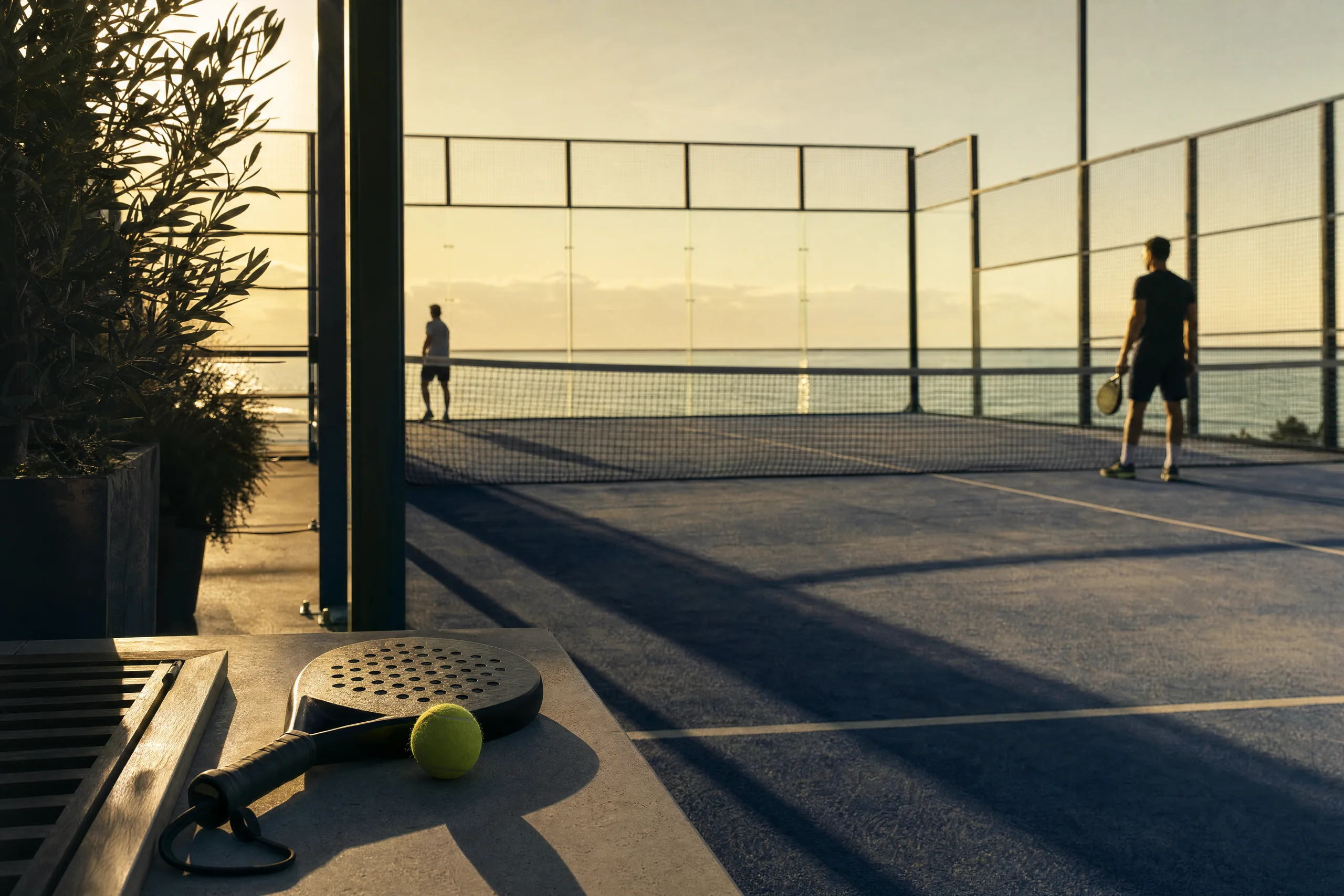 Coastal padel court in long evening light, paddle and ball in the foreground